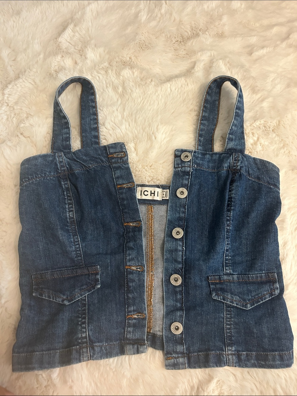 ICHI Blue Denim Button-Front Cropped Tank